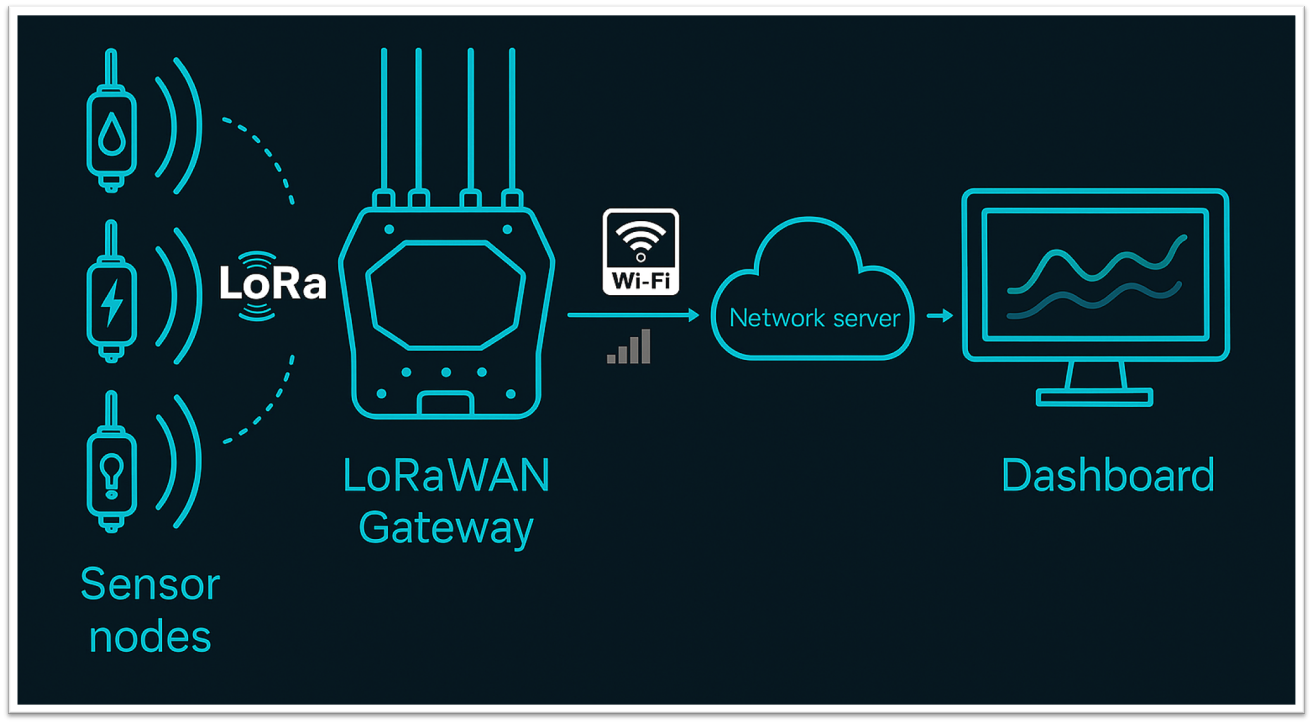 LoRaWAN system architecture — sensor nodes transmit via LoRa radio to a gateway, which forwards data to a network server and your dashboard